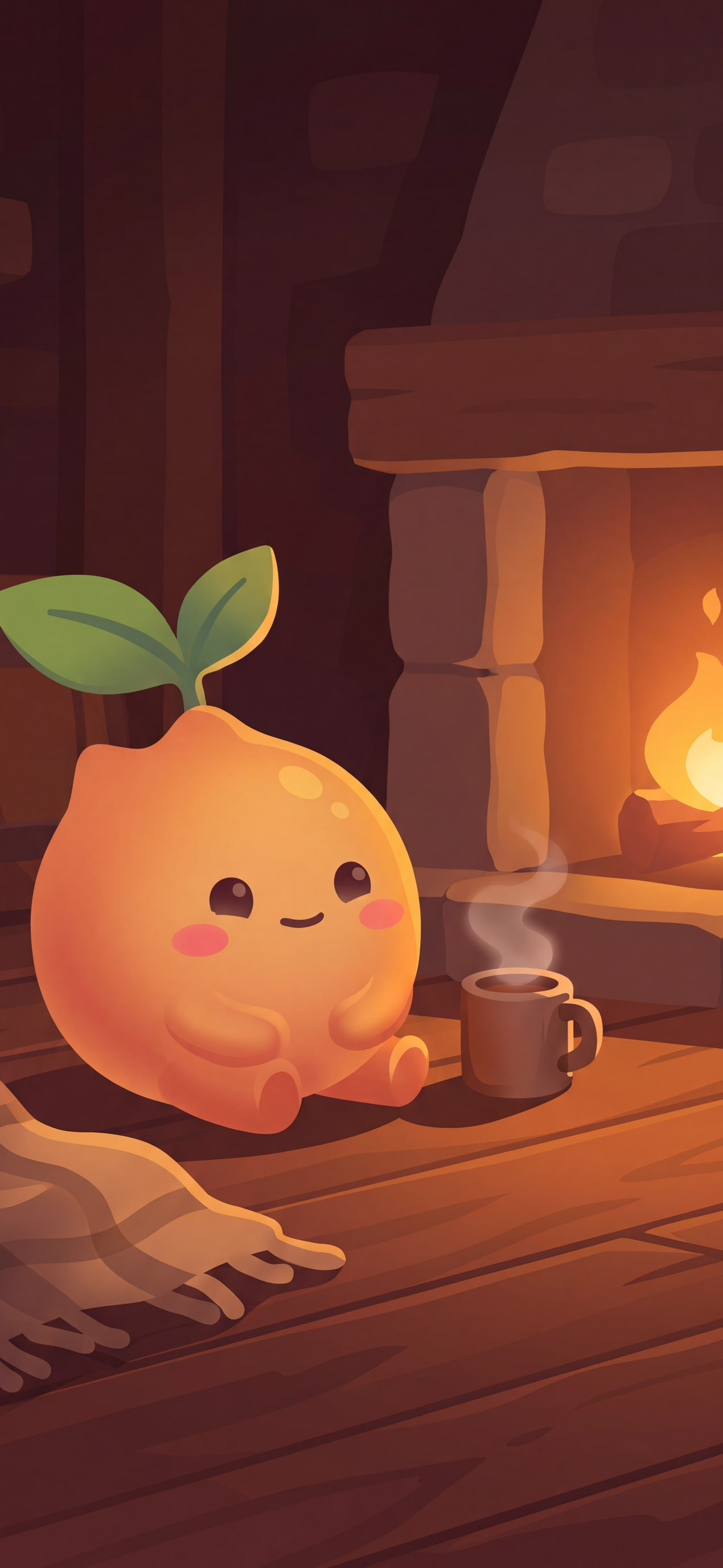 Mica sitting by the fire with a cup of something warm, listening